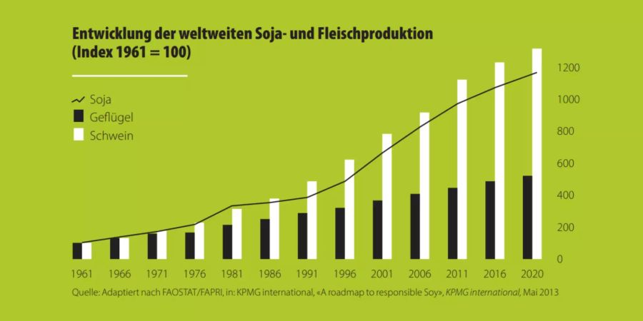 Entwicklung der Soja- und Fleischproduktion, weltweit.