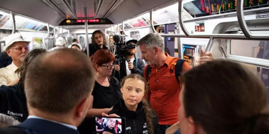 Greta Thunberg fährt nach ihrer Ankunft in New York U-Bahn. Foto: Joel Marklund/Bildbyran via ZUMA Press