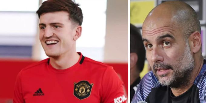 Trainer Pep Guardiola (r.) sagt, dass sich Manchester City Harry Maguire nicht leisten konnte. Manchester City