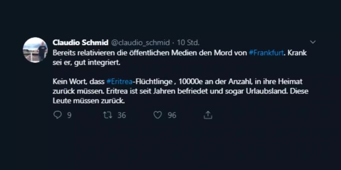 Claudio Schmid, Zürcher SVP-Kantonsrat, am 30. Juli auf Twitter. schmid