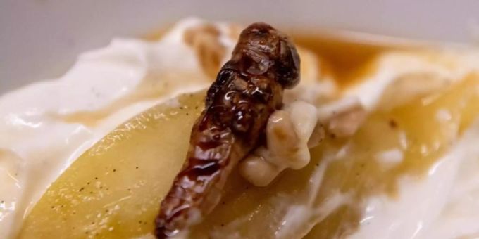 In Honig gebratene Heuschrecken eignen sich als Garnitur - etwa auf einer pochierten Birne mit Joghurt. Foto: Stefan Puchner/dpa In Honig gebratene Heuschrecken eignen sich als Garnitur - etwa auf einer pochierten Birne mit Joghurt. Foto: Stefan Puchner/dpa