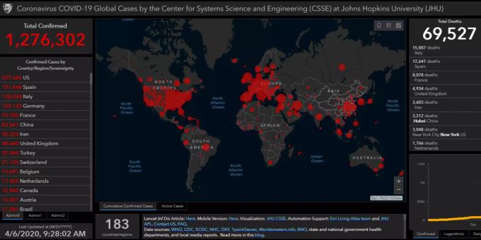 Das Dashboard der Johns Hopkins University zeigt die Zahlen zur Corona-Pandemie am 06.04.2020. Coronavirus