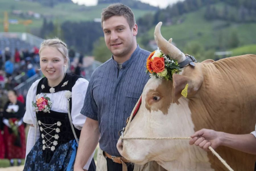 Curdin Orlik mit Siegermuni Merlin am Emmentalischen Schwingfest