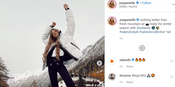 Schweizer Influencer machen Werbung für Ski-Orte im Ausland, hier Zoe Pastelle. Zoe Pastelle Influencer