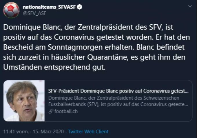 Der SFV hat heute mitgeteilt, dass Präsident Dominique Blanc positiv auf das Coronavirus getestet wurde. SFV Coronavirus
