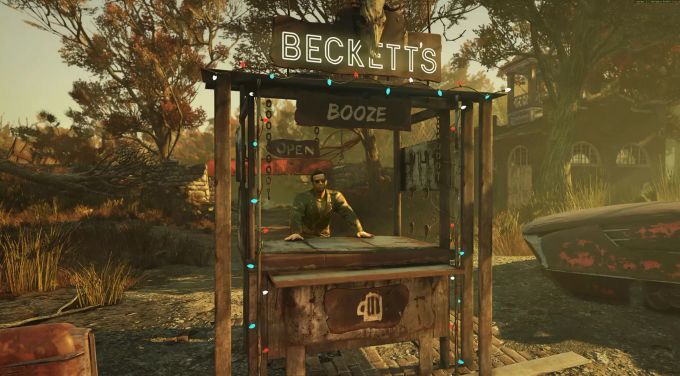 Beckett aus Wastelanders 76 schenkt gerne Alkohol aus. Fallout 76 Wastelanders Beckett