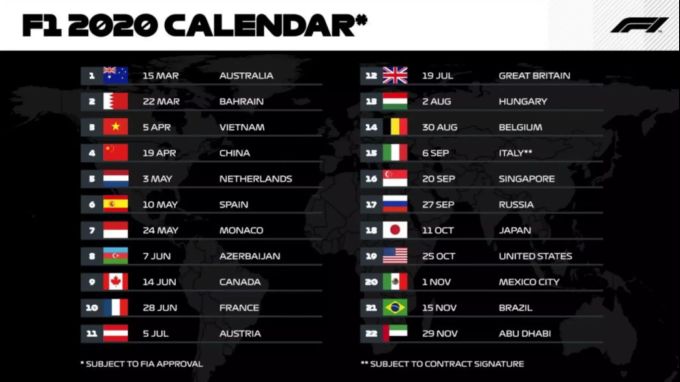Der vorläufige Kalender für die Formel-1-WM 2020. Formel 1 2020