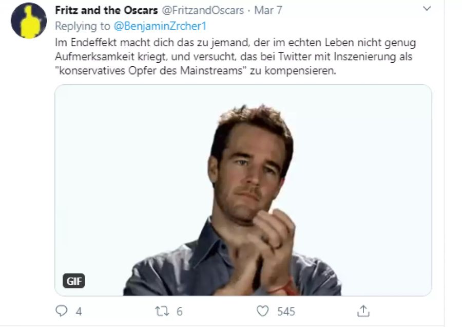 User @FritzandOscars antwortet auf den Tweet von Benjamin Zürcher.