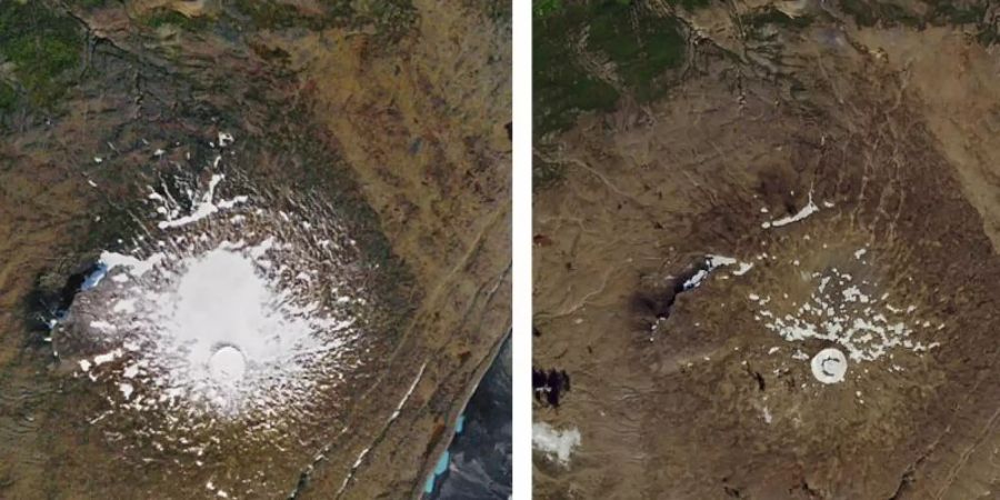 Links: Luftaufnahme des damals noch existierenden Okjökull-Gletschers aus dem Jahr 1986. Rechts: Vom geschrumpften Gletscher ist im August 2019 nur ein kleiner Fleck aus Eis übrig. Foto: AP