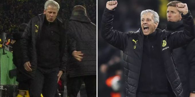 Lucien Favre jubelt beim 2:1 von Dortmund gegen Gladbach so fest, dass es ihm anschliessend im Oberschenkel schmerzt. Lucien Favre Dortmund