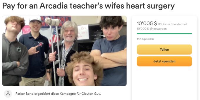 Auf «GoFundMe» haben Schülerinnen und Schüler 10'000 US-Dollar für einen geliebten Lehrer gesammelt, um die Herzoperation seiner Frau zu bezahlen. Good News Schüler Spenden