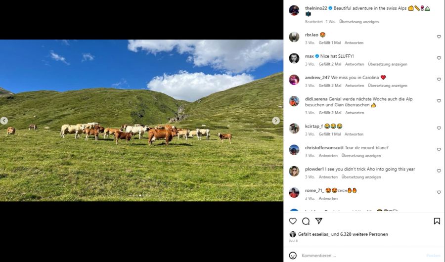 «Wunderschönes Abenteuer in den Schweizer Alpen», schreibt Nino Niederreiter zu seinem Post.