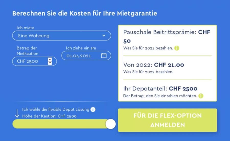 Und wenn du den vollen Betrag bei First Caution deponierst, sind es für eine Kaution von CHF 2500 sogar nur CHF 21.