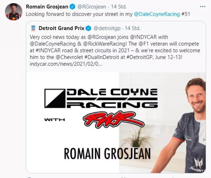Romain Grosjean verkündet via Twitter seine Fortsetzung der Karriere als IndyCar-Fahrer. Romain Grosjean
