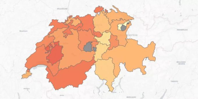 Die Karte zeigt die Auslastung der Intensiv-Betten in den Kantonen, inklusive der nicht zertifizierten Betten: Je dunkler die Farbe, desto ausgelasteter die Kapazitäten. Coronavirus Intensivstation