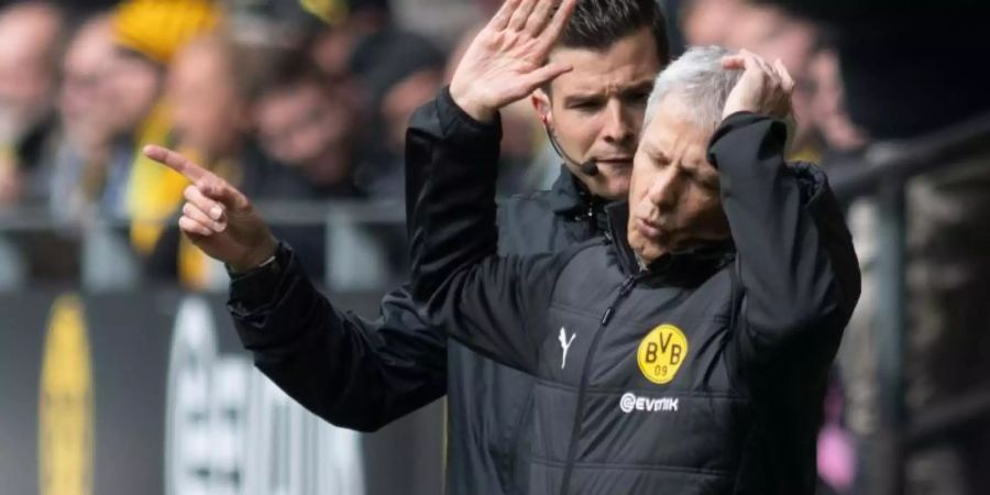 BVB-Trainer Lucien Favre reagiert entsetzt auf die Schiedsrichterentscheidung vor dem Elfmeter zum 1:1 im Revierderby. Foto: Bernd Thissen