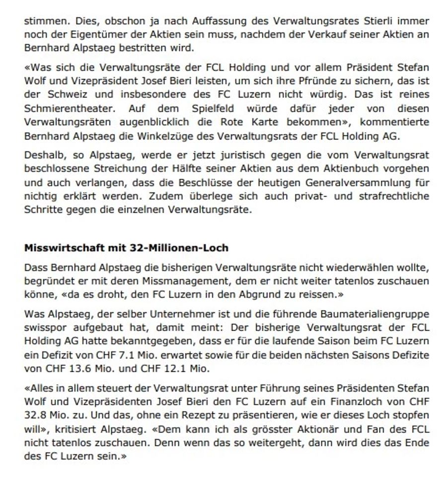 Er will Klage einreichen und befürchtet ein Finanzloch beim FCL.