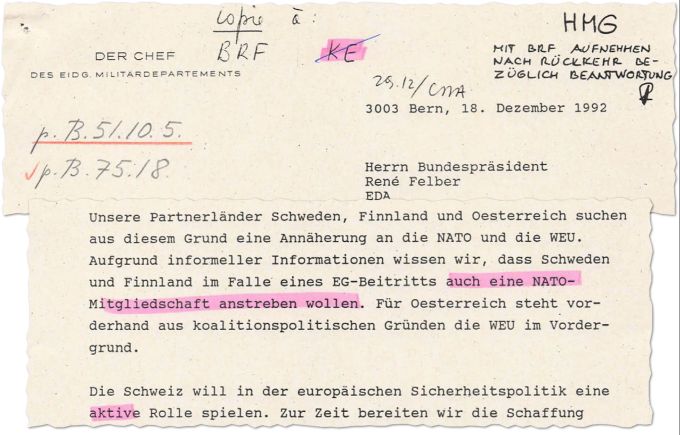 Ausrisse aus dem Brief des Chefs des Militärdepartements, Bundesrat Kaspar Villiger, zur Sicherheitspolitik. Kaspar Villiger Brief Nato