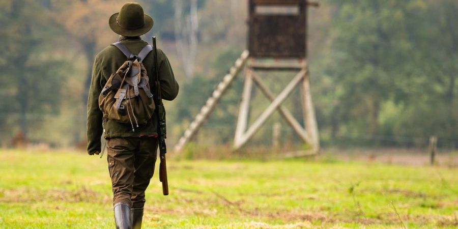 Eine Jägerin geht mit ihrer Bockbüchsflinte zu einem Hochsitz.