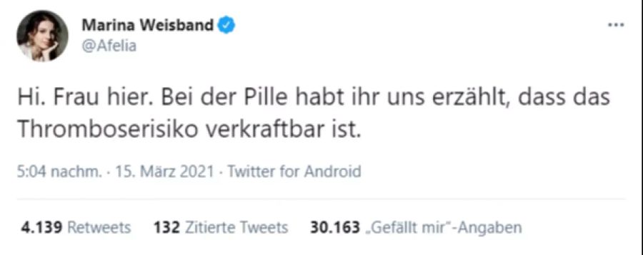 «Bei der Pille habt ihr uns erzählt, dass das Thromboserisiko verkraftbar ist», schreibt eine Twitter-Userin.