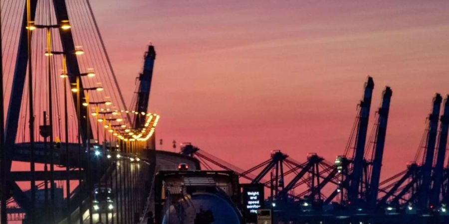 Blick auf die hochgeklappten Containerbrücken im Hamburger Hafen. Foto: Axel Heimken/dpa