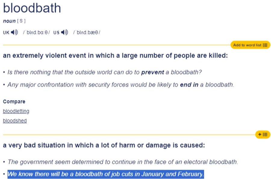 Der Blick ins Wörterbuch zeigt ebenfalls: Beim englischen Wort «bloodbath» handelt es sich um einen gängigen Begriff, um eine schlechte Situation mit vielen Schäden zu beschreiben.