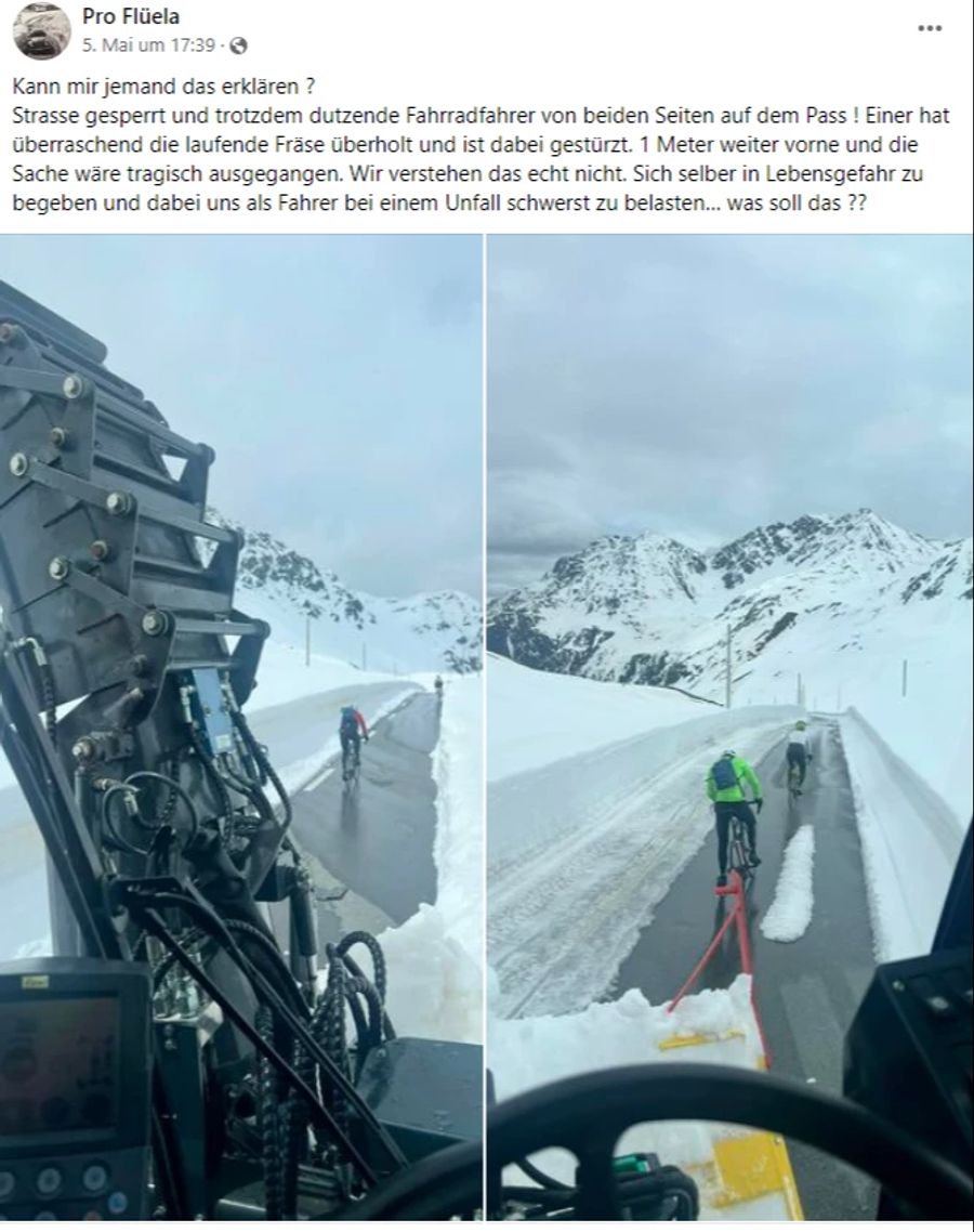 Schneepflugfahrer auf dem Bündner Flüelapass ärgern sich über Velofahrer auf der gesperrten Strasse.