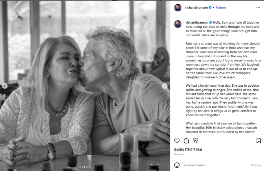 Richard Branson schreibt, dass er die letzten Stunden dank des Schicksals mit ihr verbringen konnte.