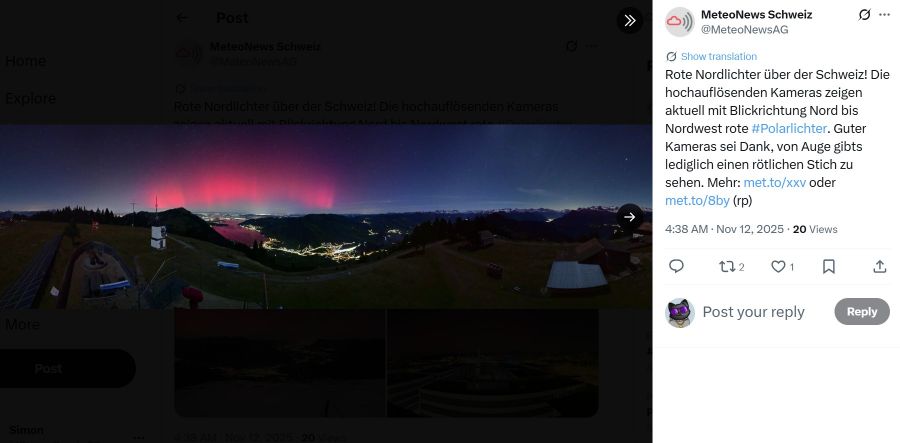 Hochauflösende Kameras zeigen das Naturschauspiel in voller Pracht; mit blossem Auge war nur ein rötlicher Schimmer sichtbar.