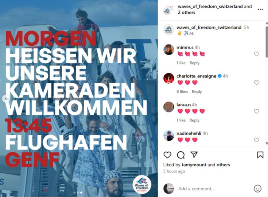 Heute Sonntag kommt die erste Gruppe der Schweizer Gaza-Aktivistinnen und -Aktivisten, die bei der Flotilla mitgemacht haben, in Genf an.