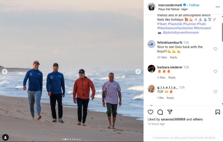 Die Skistars laufen auch gemütlich am Strand entlang – auch Erholung darf nicht fehlen.