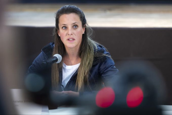 Staatsrätin Franziska Biner an der Medienkonferenz in Ferden VS. Franziska Biner