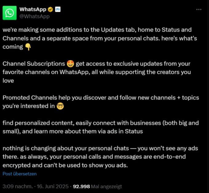 Im Zuge mehrerer Neuerungen versieht Meta WhatsApp mit Werbung. Meta Whatsapp werbung tweet