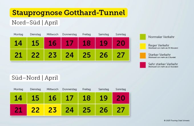 Die Stauprognose am Gotthard vom TCS. Gotthard