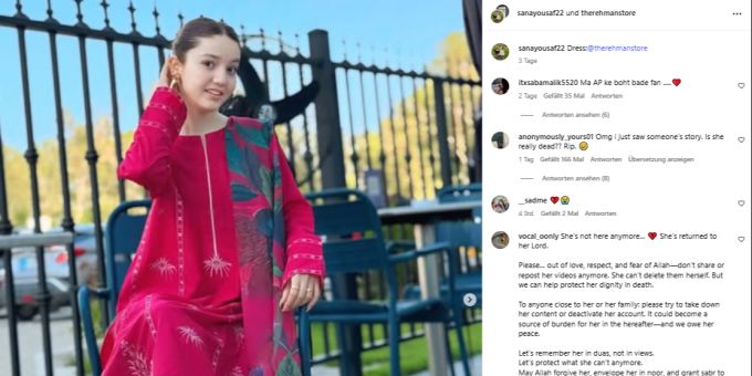 Fans kommentieren einen Post von Sana Yousaf fassungslos. Sana Yousaf