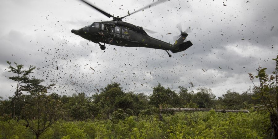 ARCHIV - Ein Polizeihubschrauber landet auf einer Kokaplantage während einer Vernichtungsaktion in Tumaco im Südwesten Kolumbiens. Foto: Ivan Valencia/AP/dpa