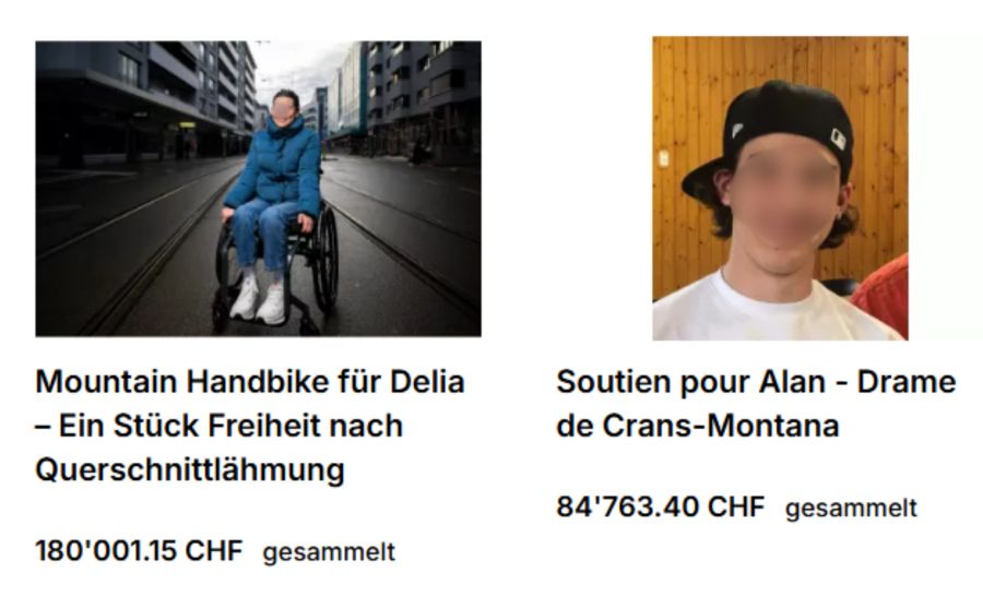 Sein Aufruf erscheint direkt neben Spenden-Sammlungen für Menschen, die von schweren Schicksalsschlägen betroffen sind – etwa dem Brand von Crans-Montana.