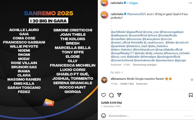 Das Line-up für Sanremo 2025 kann sich lesen. sanremo 2025