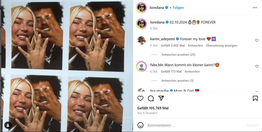 Auf Instagram postet die Rapperin ein Foto, auf dem die beiden ihre Ringe zeigen.