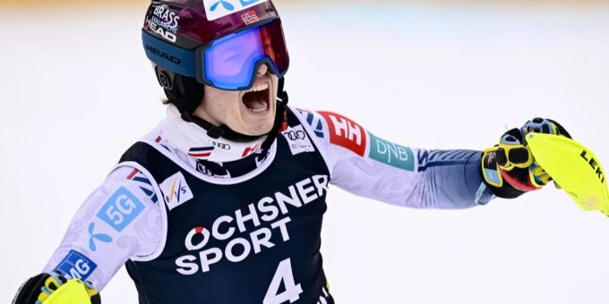 Atle Lie McGrath jubelt über den Sieg in Wengen. Atle Lie McGrath