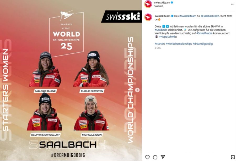 Swiss-Ski gibt das Aufgebot für die WM bekannt. Dabei sind: Malorie Blanc, Eliane Christen, Delphine Darbellay, Michelle Gisin...