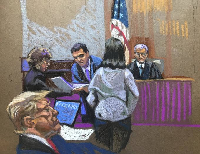 Ex-Präsident Donald Trump mit geschlossenen Augen porträtiert von einem Gerichtszeichner während des Prozesses um seine Schweigegeldzahlung an eine Porno-Darstellerin. Donald Trump schläft Gericht