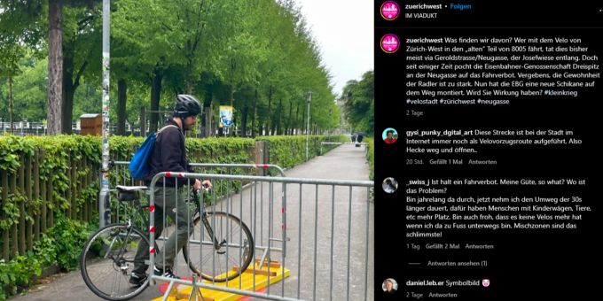 «Vereinigung Zürich-West»: Auf Instagram diskutieren Followerinnen und Follower über ein Fahrverbot neben der Zürcher Josefswiese. Velo Zürich Barriere