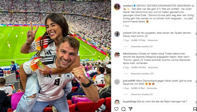 Sarah Engels war mit Gatte Julian im Stadion. Sarah Engels