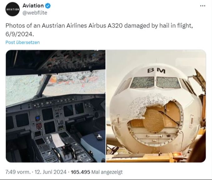 Auch auf Social Media wurden Bilder der schwer beschädigten Maschine geteilt. (Archivbild) Austrian Airlines Flugzeug Hagelschäden