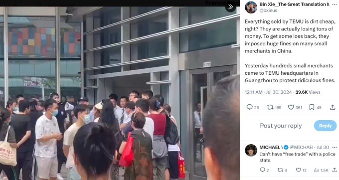 Chinesische Temu-Verkäufer protestieren vor der Konzernzentrale der Online-Handelsplattform. Temu Verkäufer