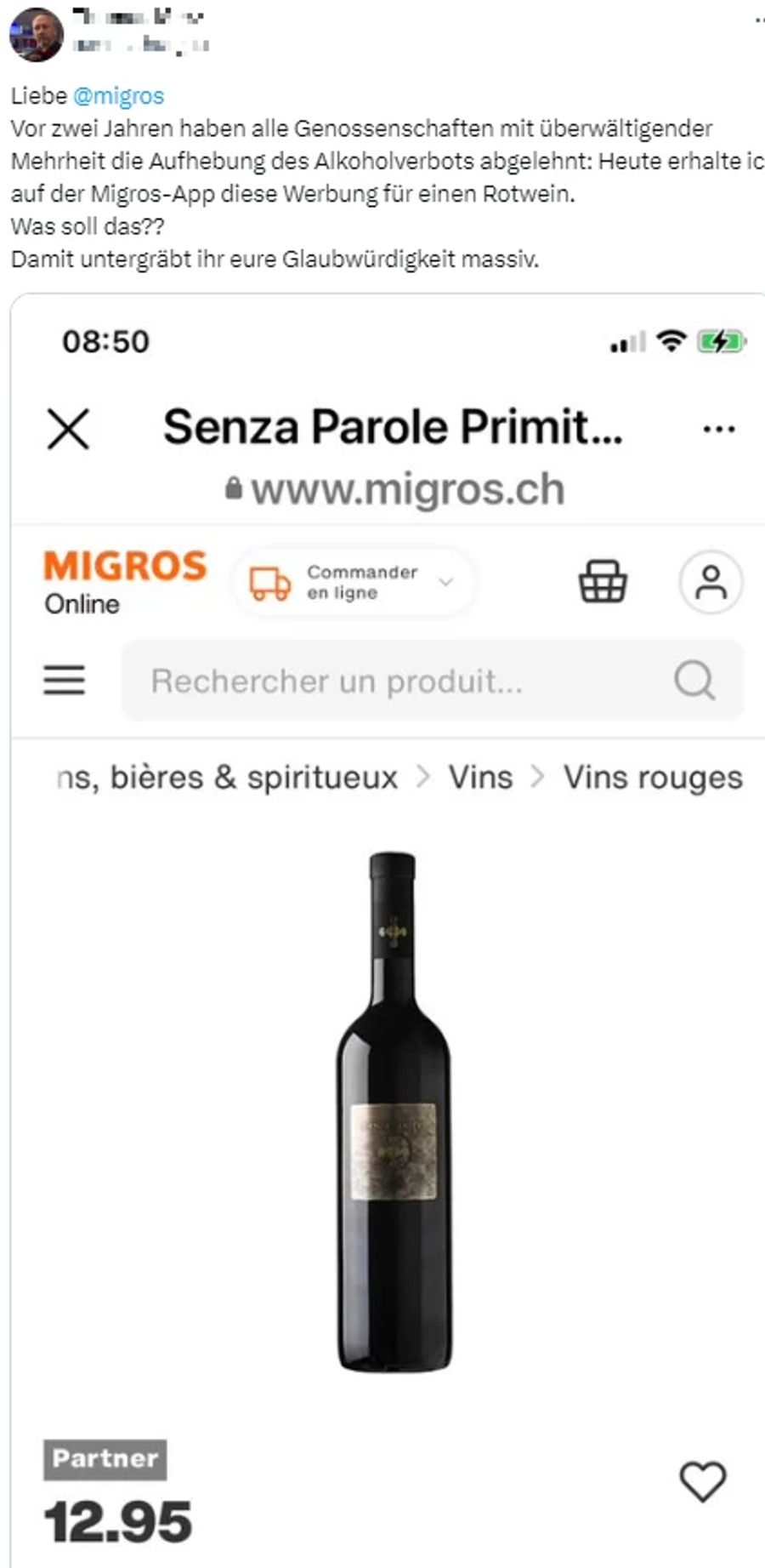 Ein Kunde beklagt sich auf X über eine Rotwein-Werbung in der Migros-App.