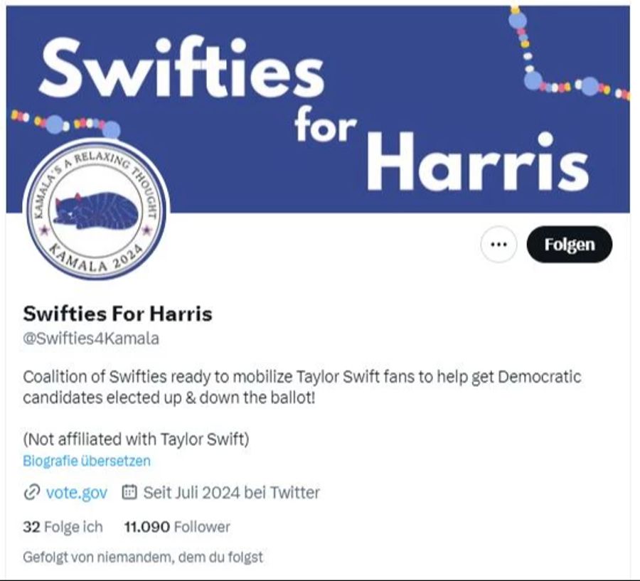 Die Gruppe «Swifties For Harris» hat auf X über 11'000 Follower und Followerinnen.