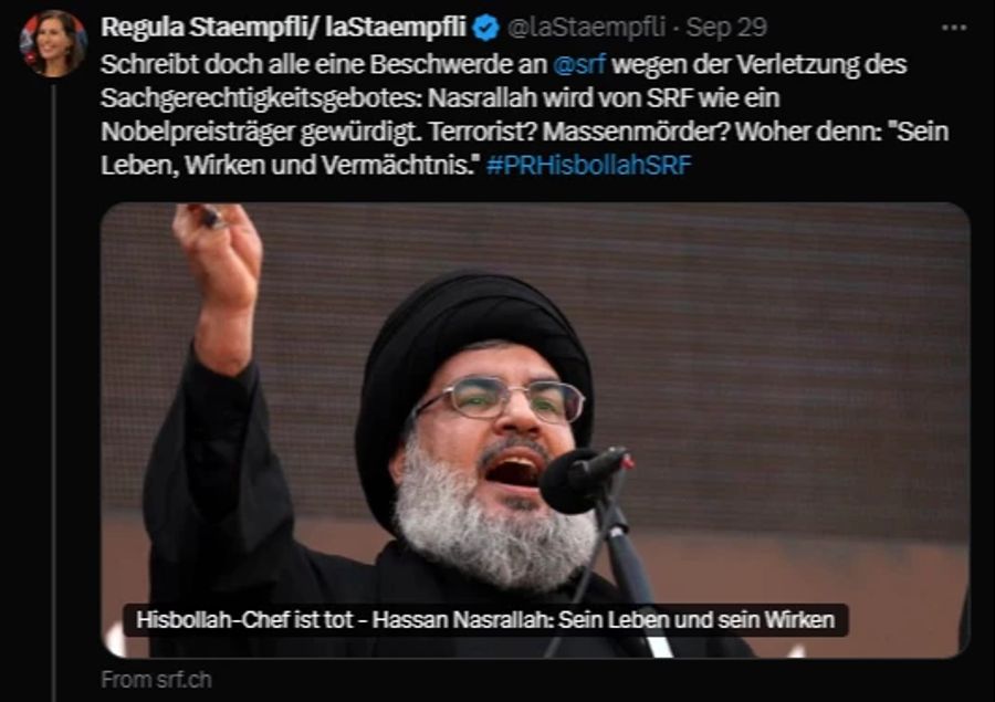 Regula Stämpfli moniert, SRF behandle Hassan Nasrallah wie einen Nobelpreisträger.