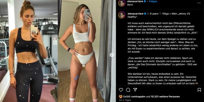 Elena Carriere spricht offen über ihren Fitnesswandel. Elena Carrière im Vergleich